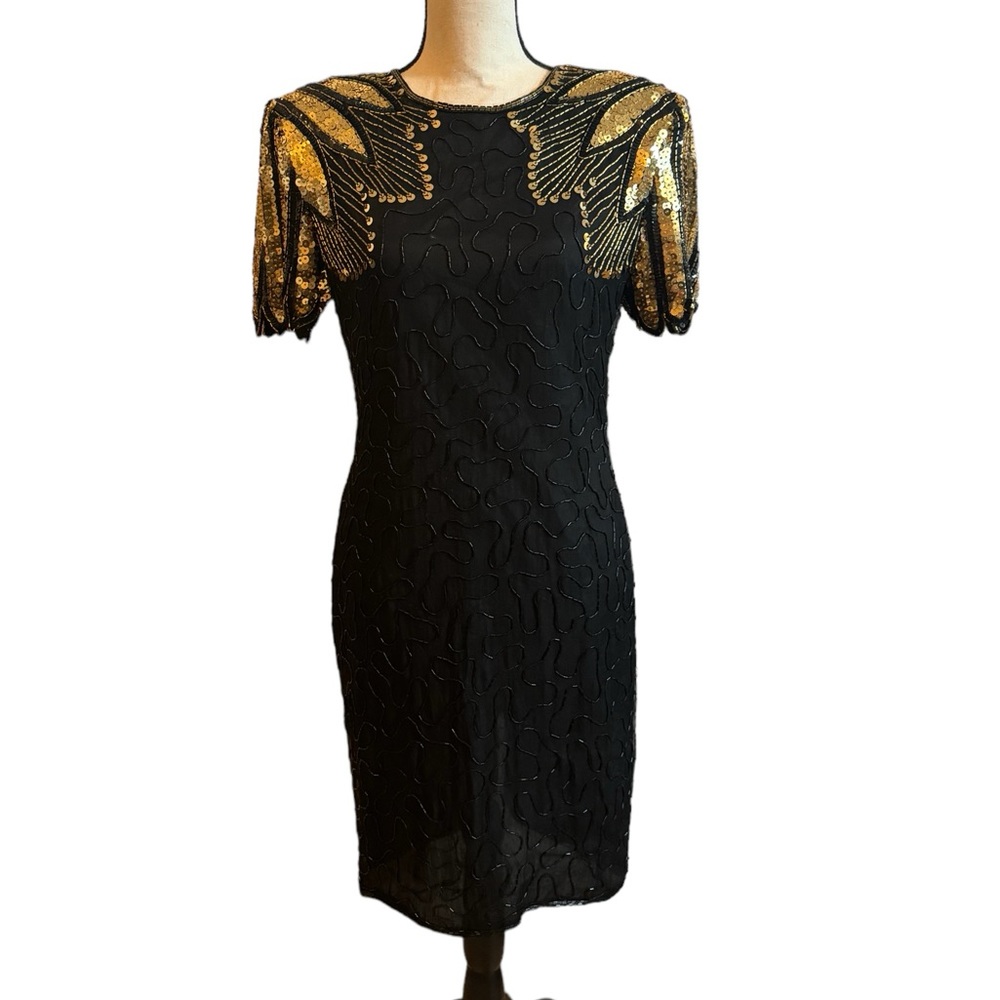 Black and Gold Sequin Silk Cocktail Dress Suze Small
